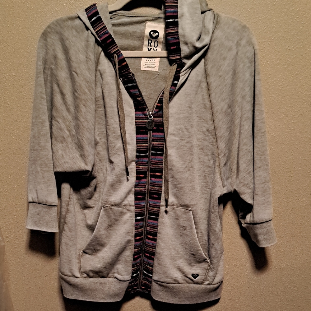 Roxy Heather Gray Hoodie with Multicolor Trim